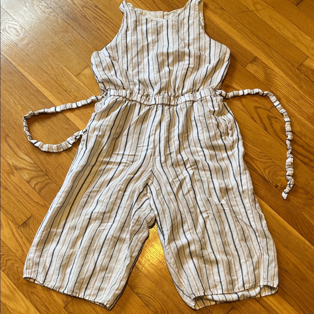 LOFT Cream and Blue Striped Jumpsuit